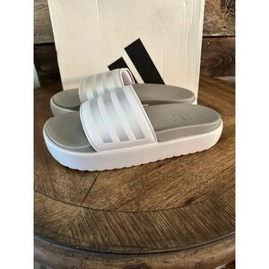 Adidas Adilette Platform Slides - Silver Dawn / Metalic / White  Sz 11 Sandals